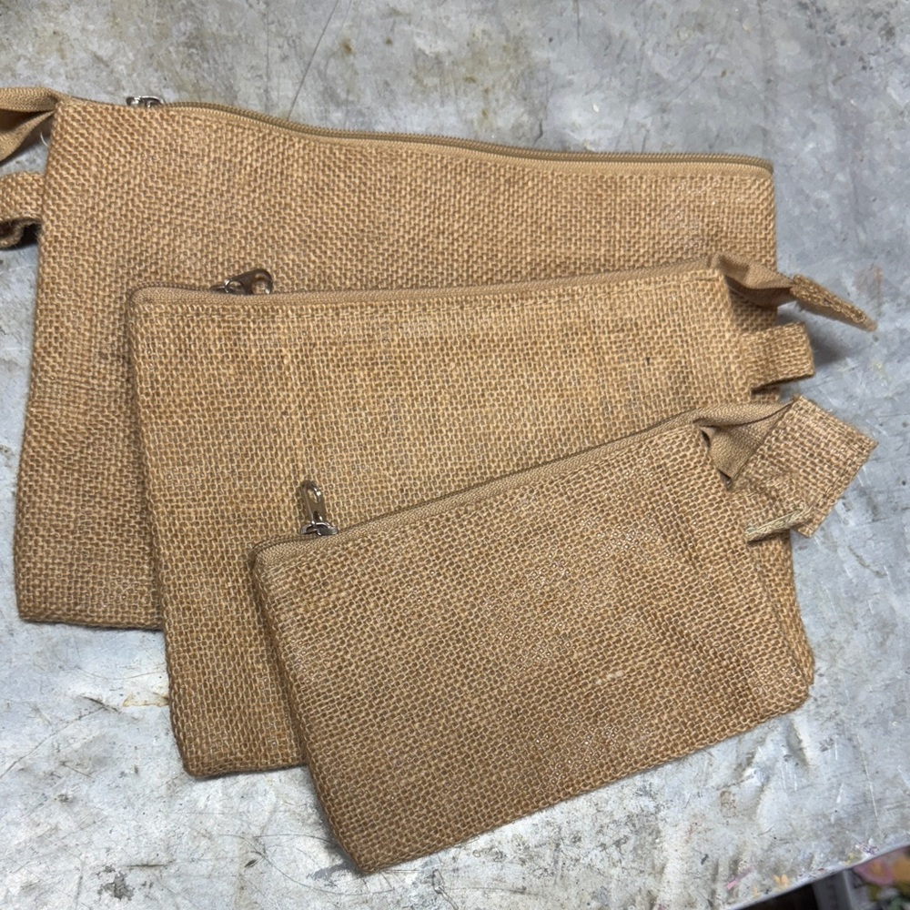 Set of Three Tan Burlap Zipper Pouches